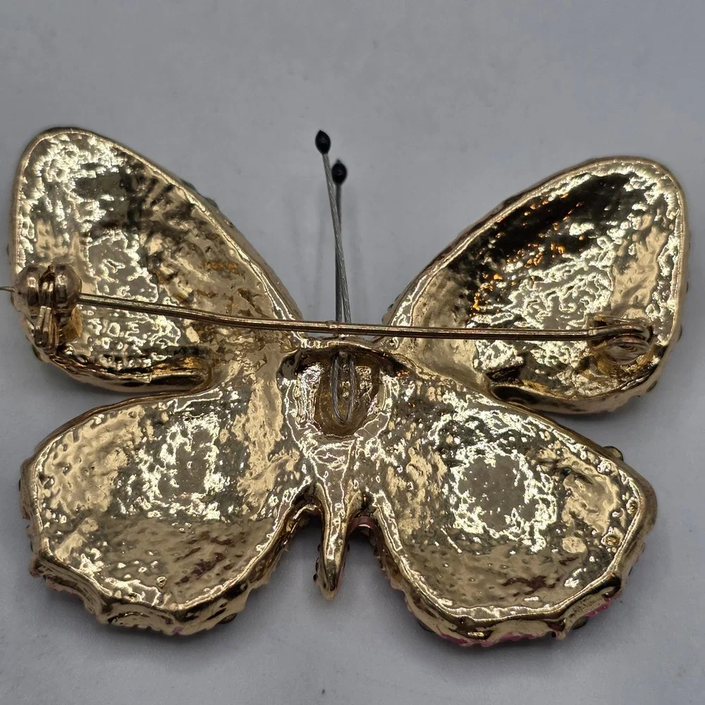 Multicolor Rhinestone Butterfly Brooch Gold Tone Crystal Insect Pin 2 Inch